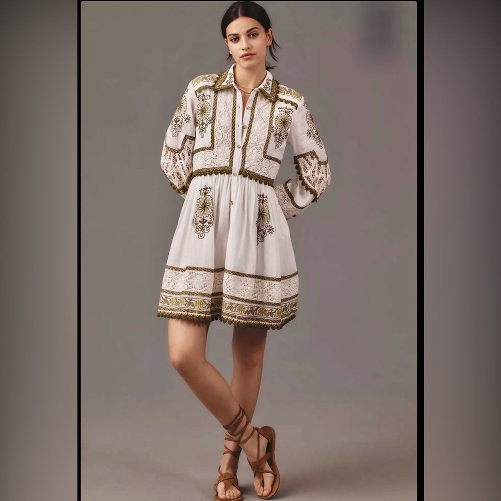 Anthropology Maeve Elegant White and Gold Embroidered Dress
